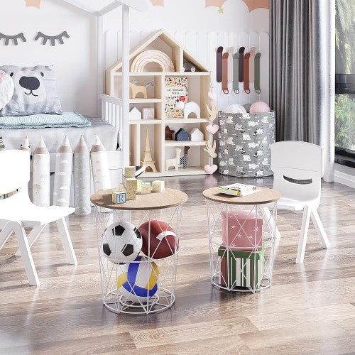 Set of 2 Nesting End Tables with Metal Storage Basket, Round Side Coffee Tables for Home, Living Room, Bedroom Set of 2 Nesting End Tables with Metal Storage Basket, Round Side Coffee Tables for Home, Living Room, Bedroom
